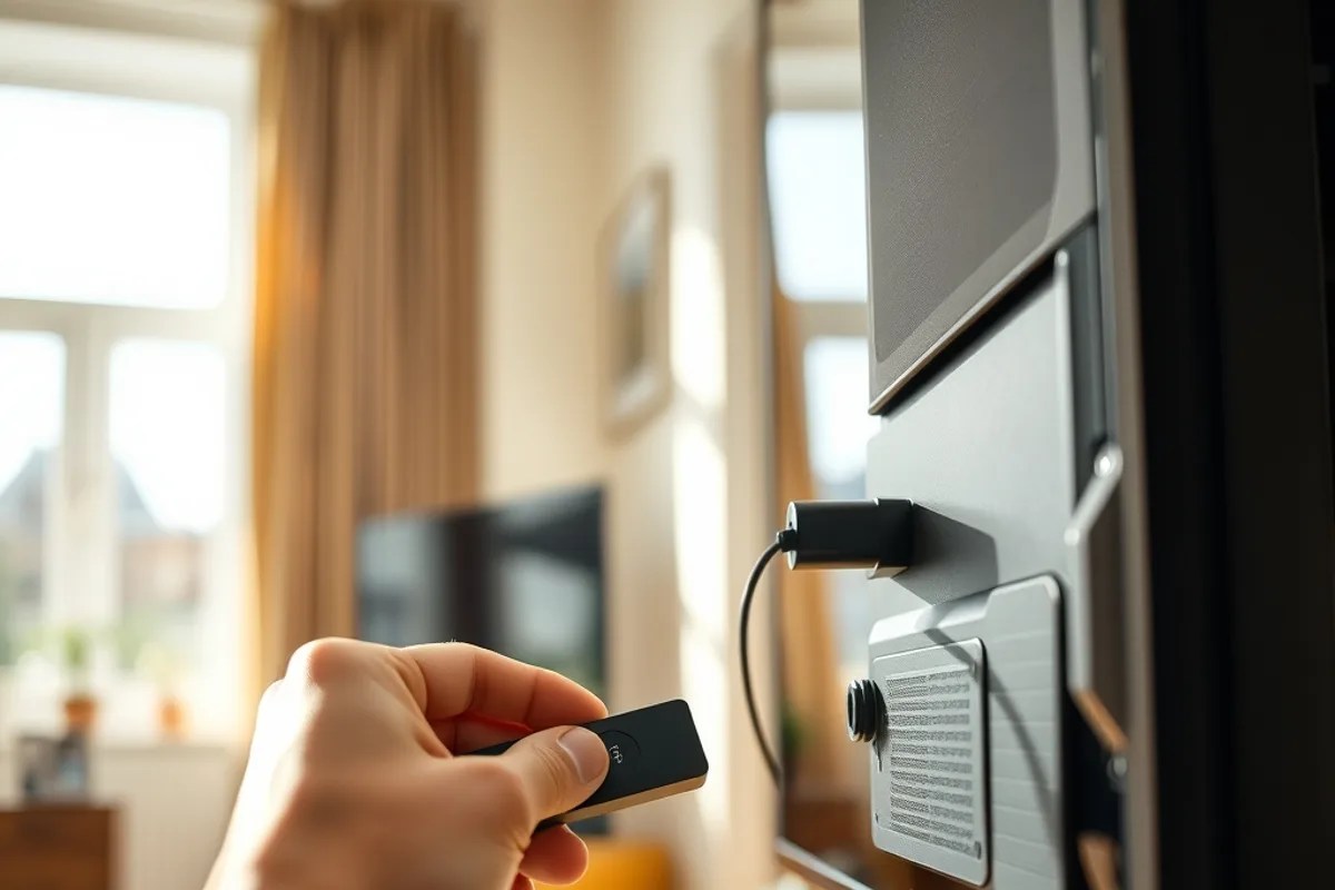 An Amazon-style streaming stick being plugged into the back of a television